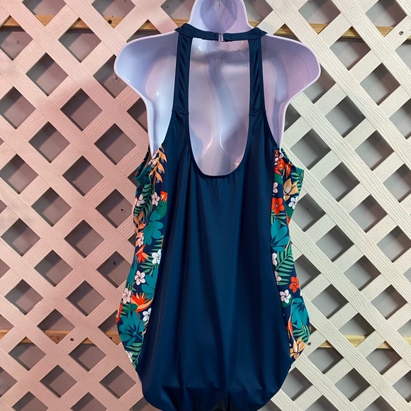 Denim & Co. Beach H-Back Halter Print Blocked One Piece Swimsuit Mallard Blue - Picture 3 of 7